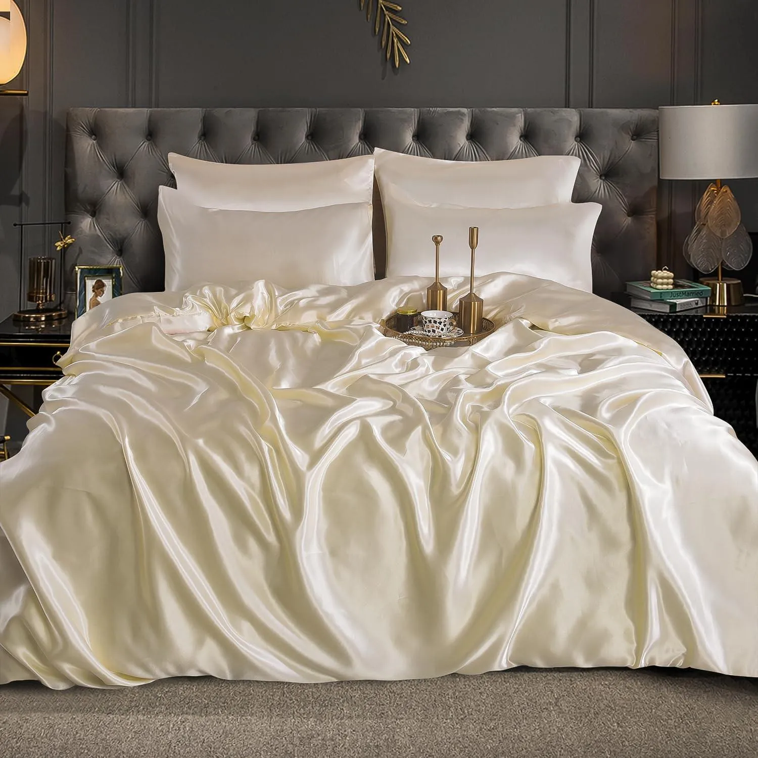 Satin Silk 6Piece Bedding Set Fitted Sheet, Duvet Cover, Pillowcases