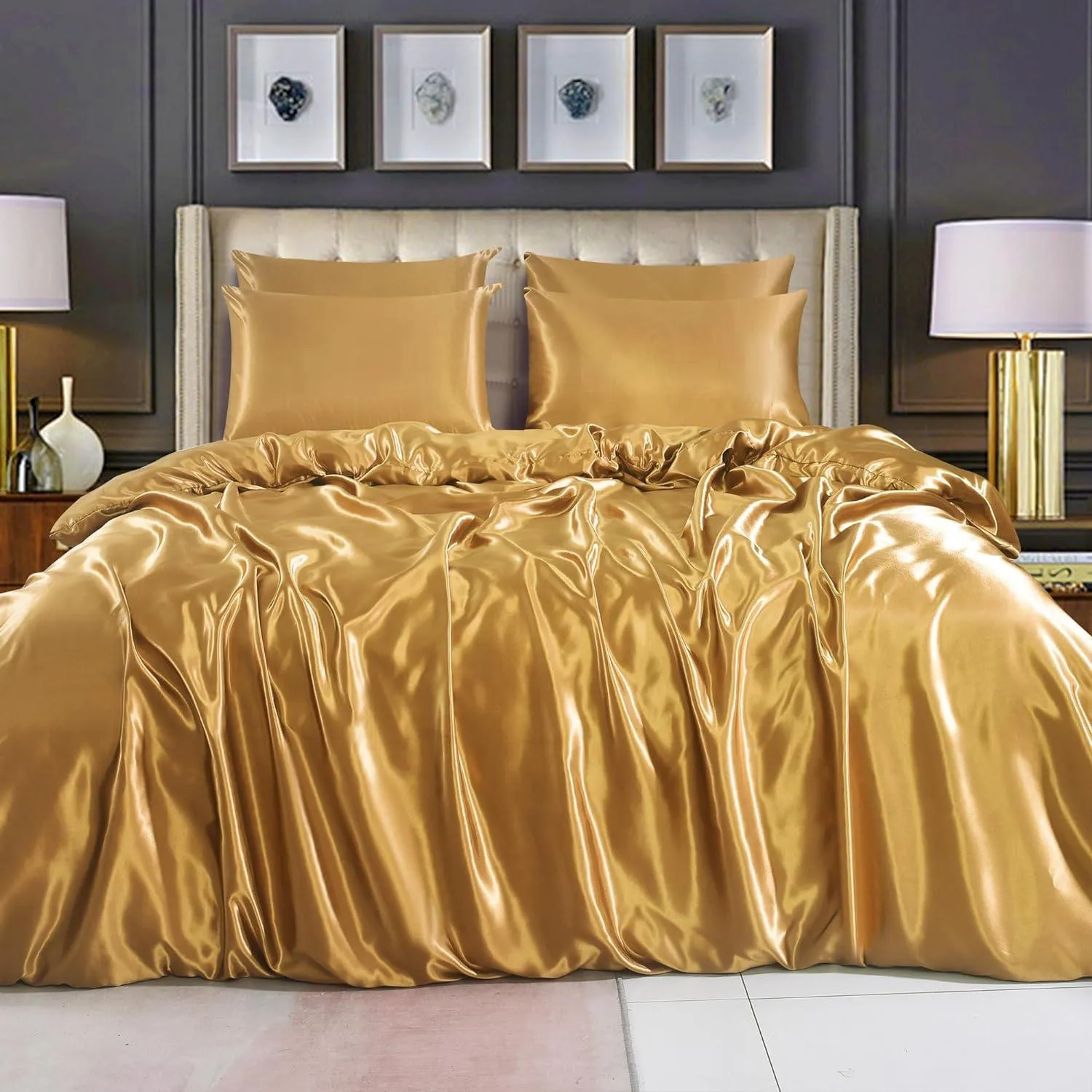 Satin Silk 6Piece Bedding Set Fitted Sheet, Duvet Cover, Pillowcases