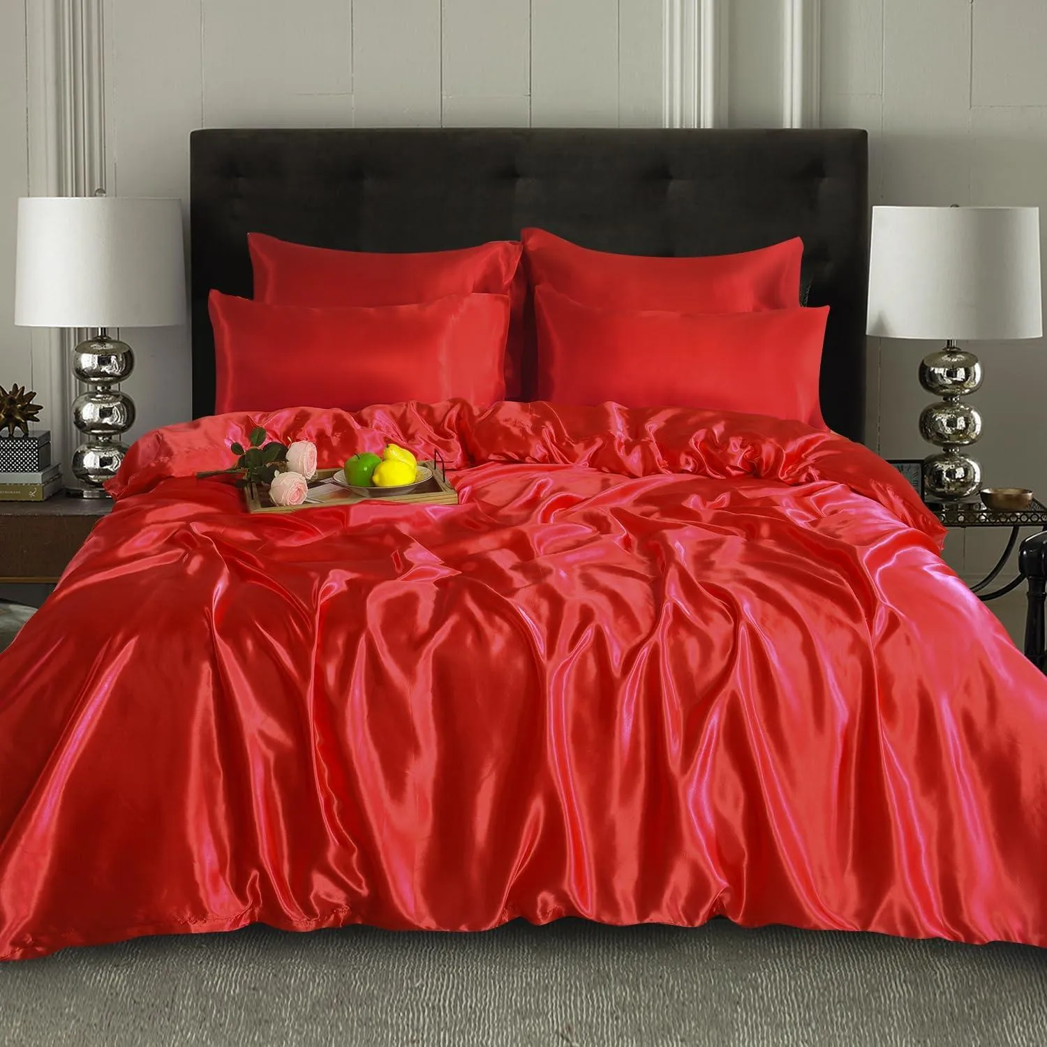 Satin Silk 6Piece Bedding Set Fitted Sheet, Duvet Cover, Pillowcases