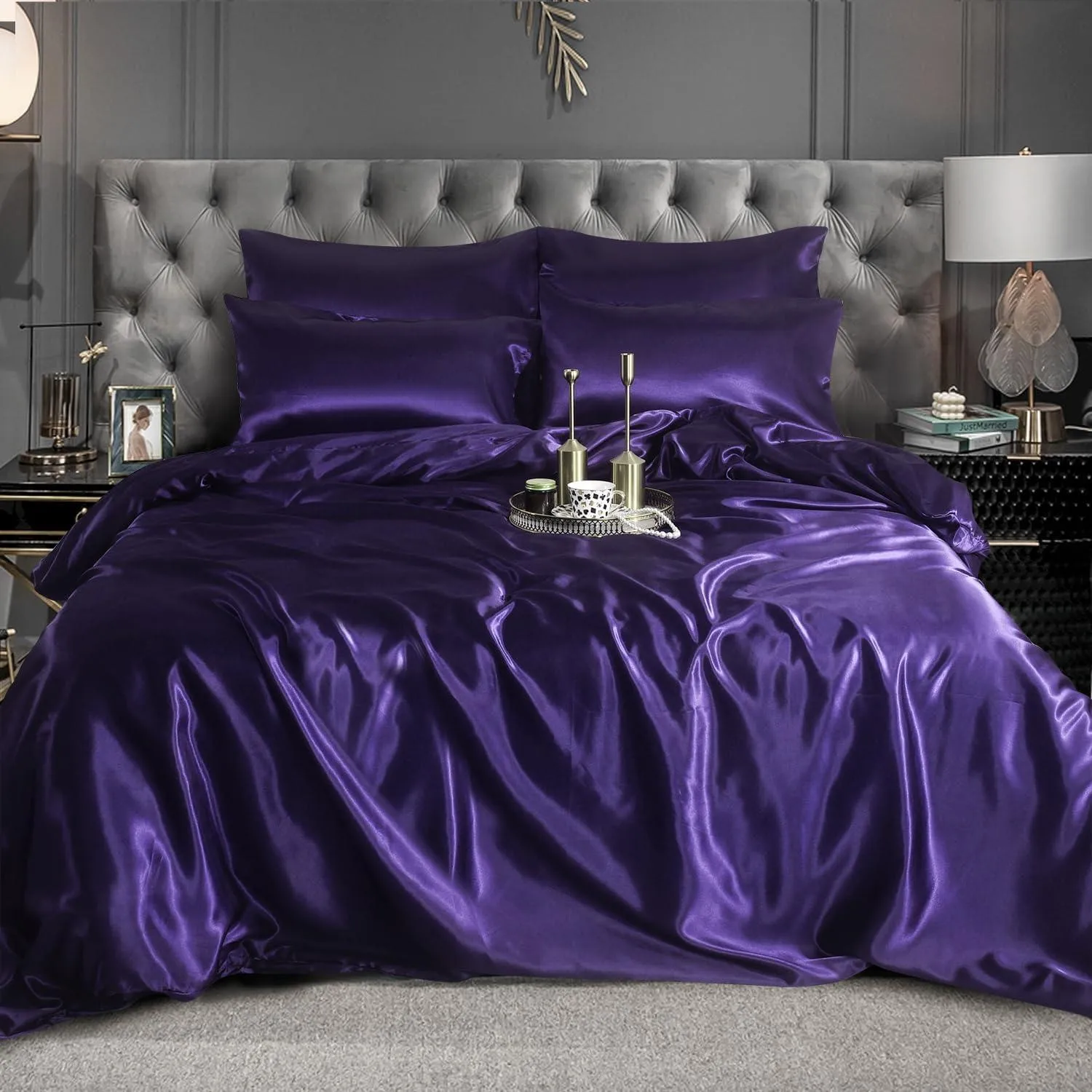 Satin Silk 6Piece Bedding Set Fitted Sheet, Duvet Cover, Pillowcases