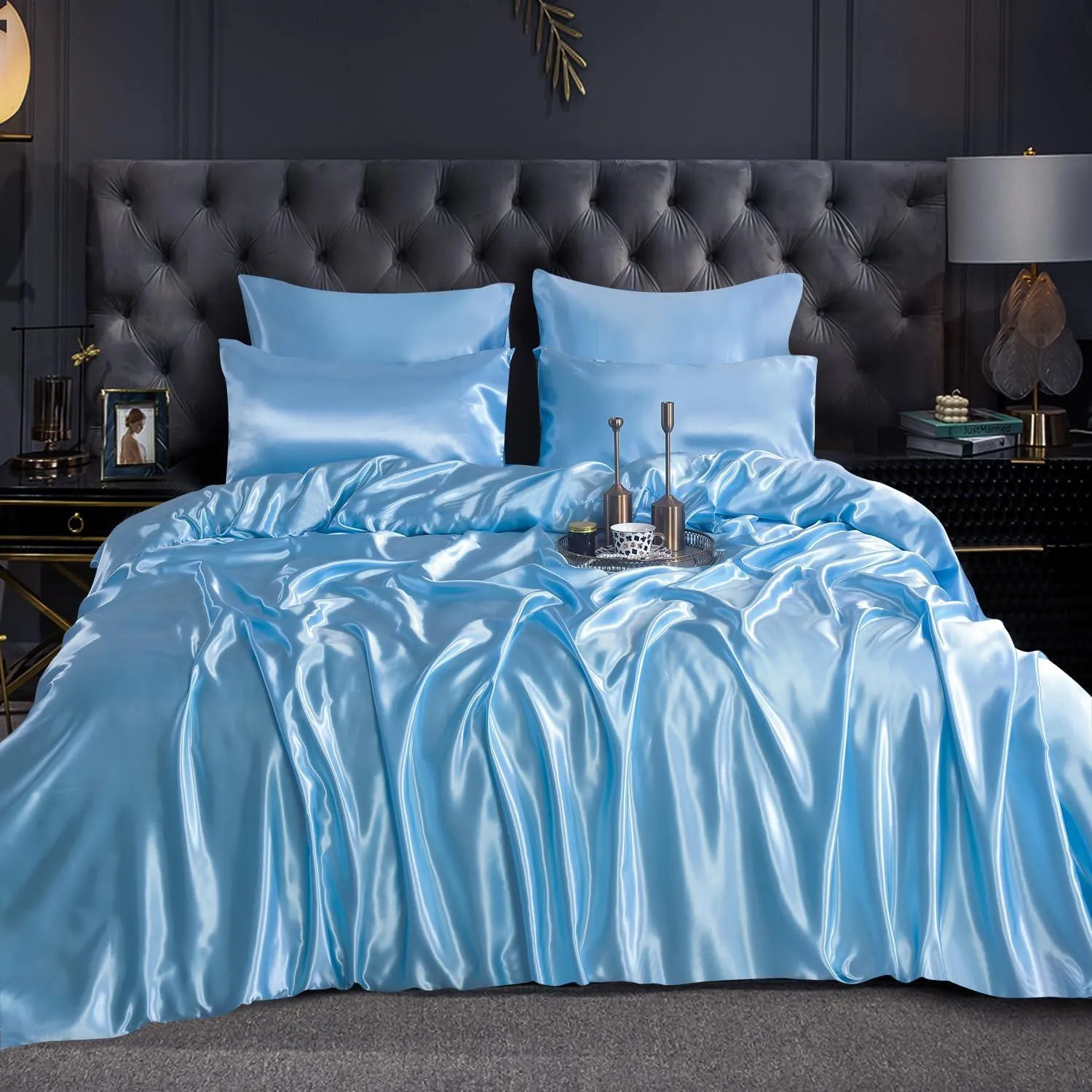 Satin Silk 6Piece Bedding Set Fitted Sheet, Duvet Cover, Pillowcases