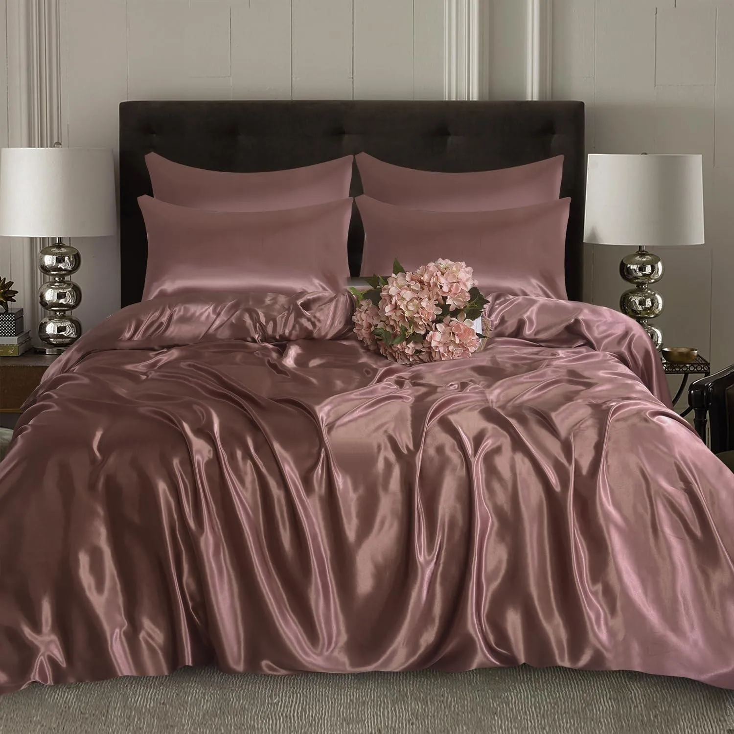 Satin Silk 6Piece Bedding Set Fitted Sheet, Duvet Cover, Pillowcases