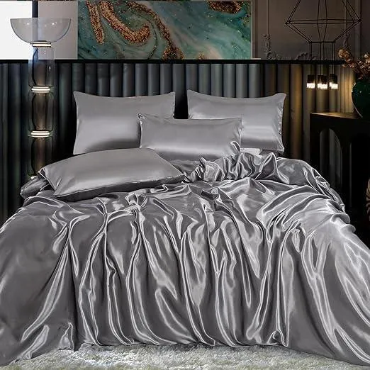 Satin Silk 6Piece Bedding Set Fitted Sheet, Duvet Cover, Pillowcases