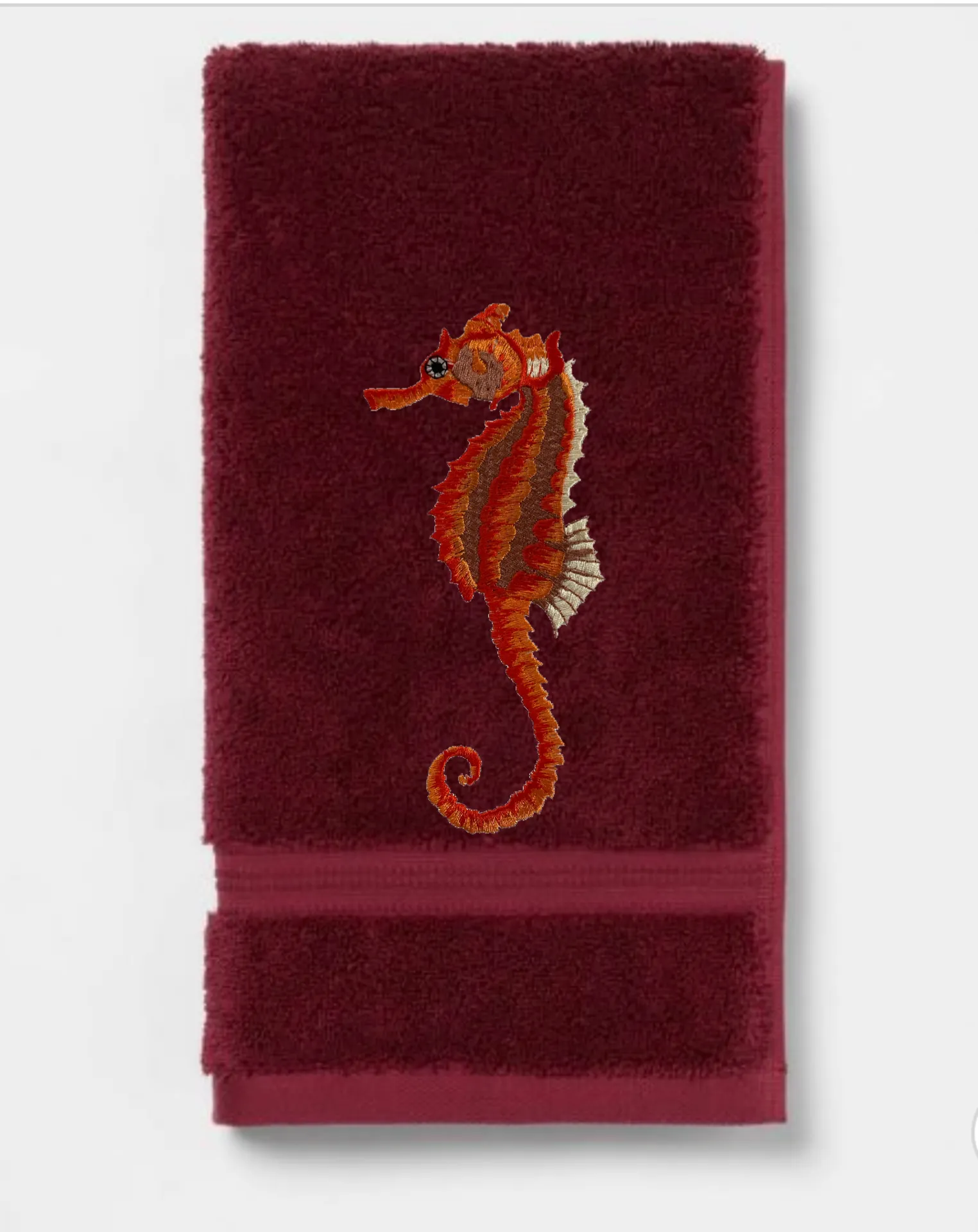 Seahorse Embroidered Bath Hand Towel. Beautifully Detailed Vibrant Orange Shades