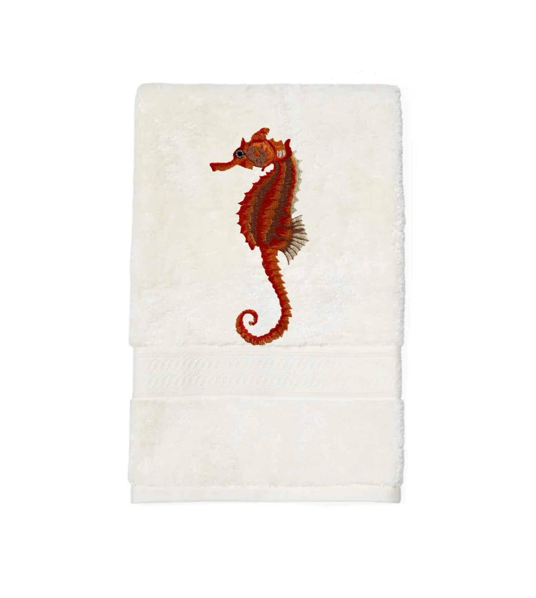 Seahorse Embroidered Bath Hand Towel. Beautifully Detailed Vibrant Orange Shades