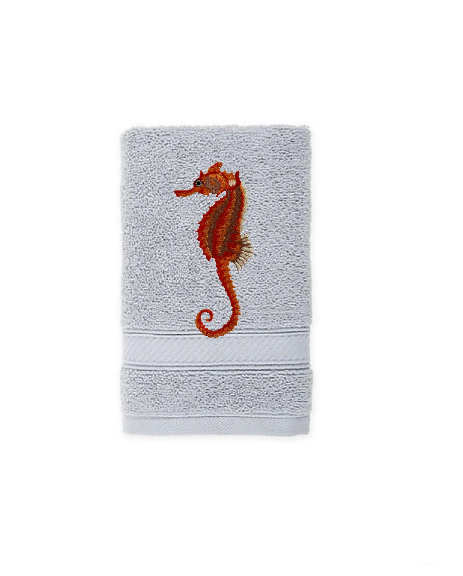 Seahorse Embroidered Bath Hand Towel. Beautifully Detailed Vibrant Orange Shades