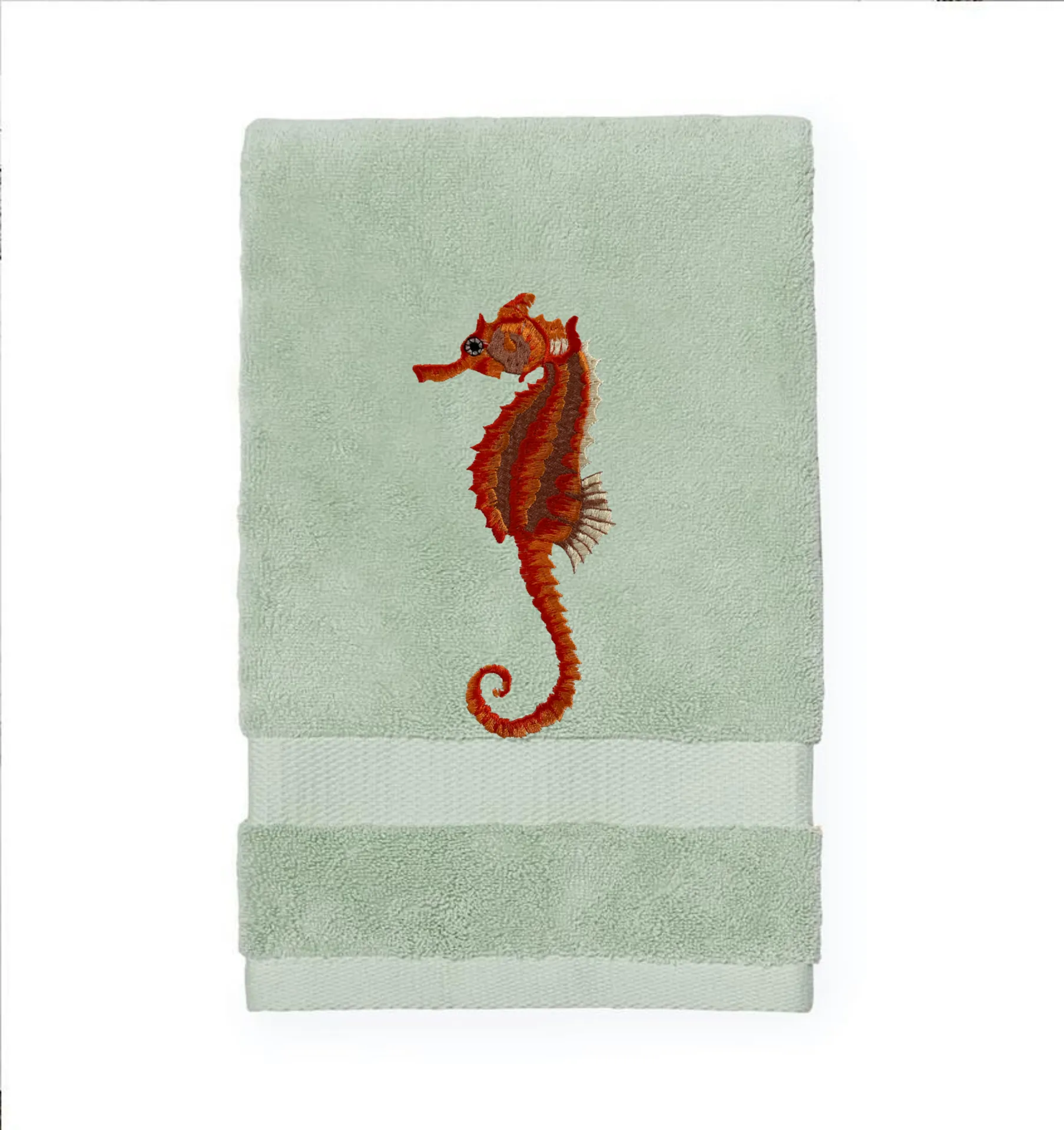 Seahorse Embroidered Bath Hand Towel. Beautifully Detailed Vibrant Orange Shades