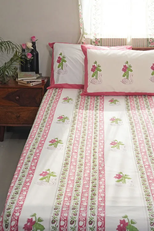 Serene Swan Lotus Hand Block Printed Cotton Percale Bedsheet