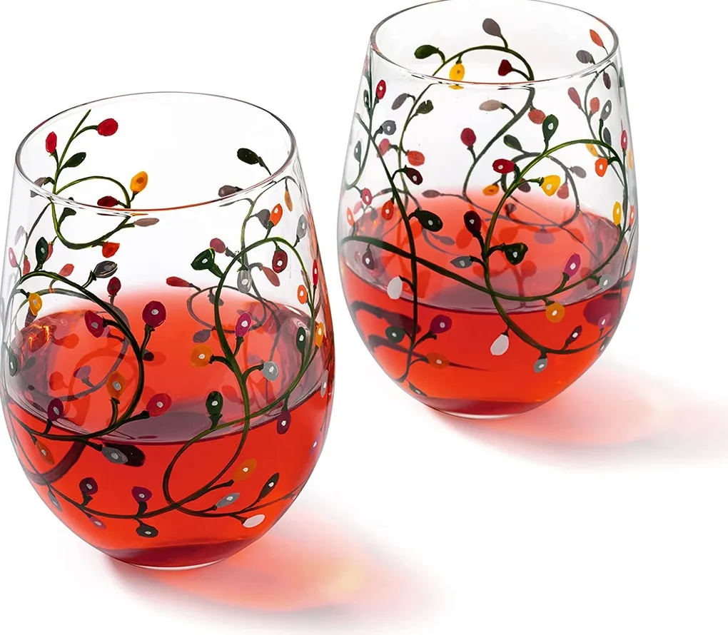 Set of 2 Stemless Christmas Lights Wine Glass Tumblers by The Wine Savant