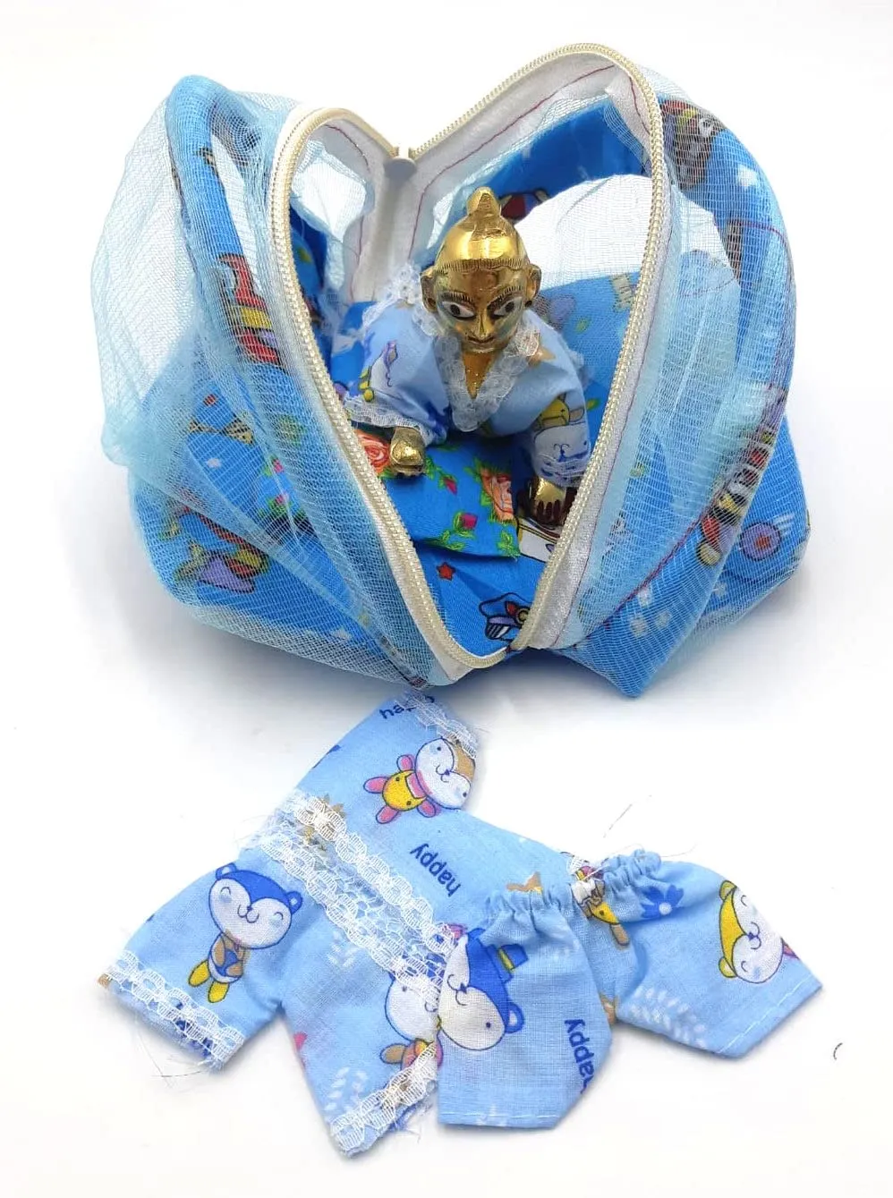 SKC Soft Laddu Gopal Mosquito Net Bed with Pillow & Night Dress Size 0 to 4 No. Blue