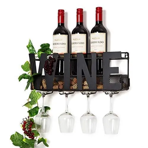 SODUKU Wall Mounted Metal Wine Rack 4 Long Stem Glass Holder & Wine Cork Storage Wine