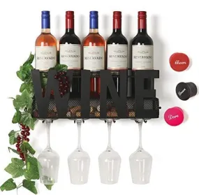 SODUKU Wall Mounted Metal Wine Rack 4 Long Stem Glass Holder & Wine Cork Storage Wine