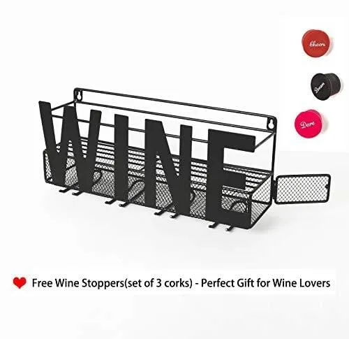 SODUKU Wall Mounted Metal Wine Rack 4 Long Stem Glass Holder & Wine Cork Storage Wine