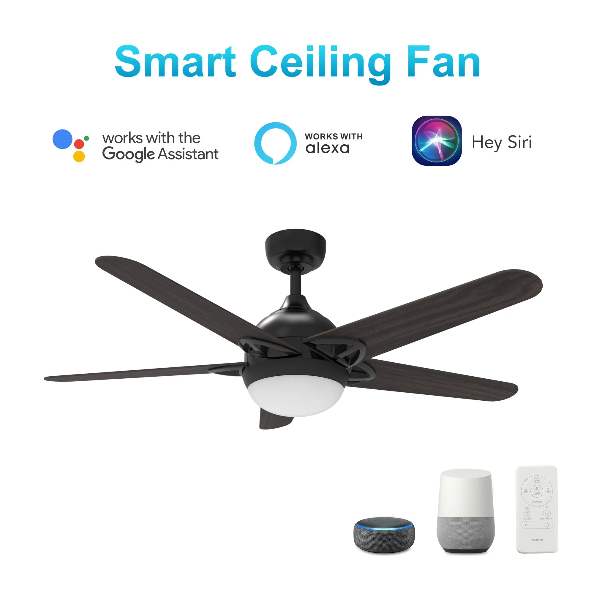 SOLASTA 52 inch 5-Blade Smart Ceiling Fan with LED Light Kit & Remote - Black/Dark Wood