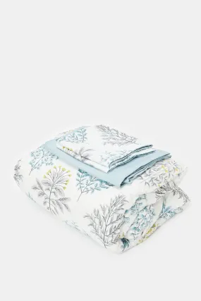 Teal 4 Piece Leaves Printed Comforter Set (Double Size)