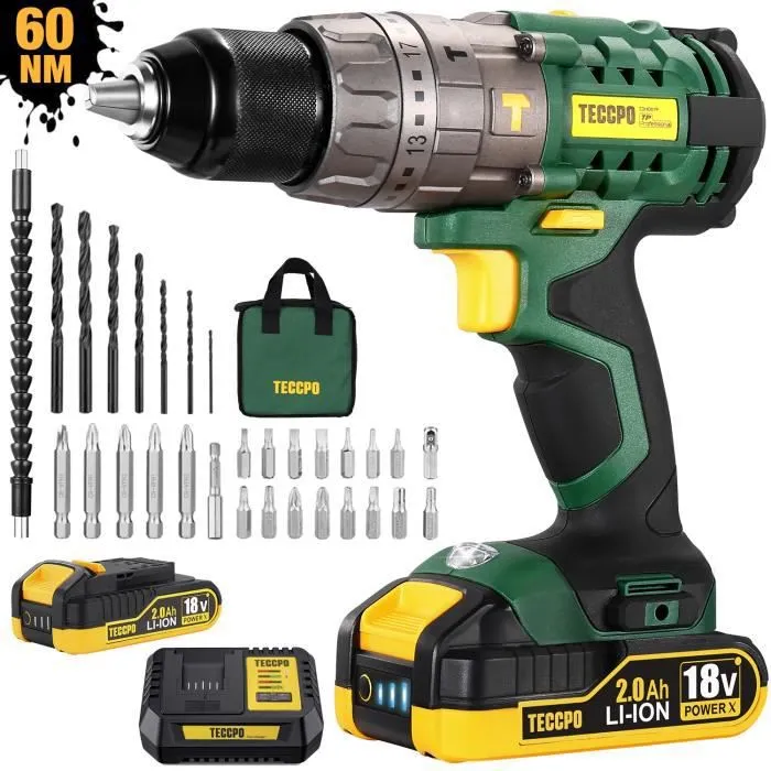 TECCPO Cordless Impact Driver Drill 2.0/4.0Ah Battery With 30/34pcs Accessories, 18V, Self-Locking Metal Chuck - TDHD01P