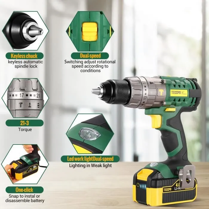 TECCPO Cordless Impact Driver Drill 2.0/4.0Ah Battery With 30/34pcs Accessories, 18V, Self-Locking Metal Chuck - TDHD01P