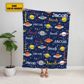 Teesdily | Custom Baby Blankets With Name Personalized Planets Blanket Kids Fleece Throw Blanket For Boys Baby Nursery Birthday Gift Bedroom Decor