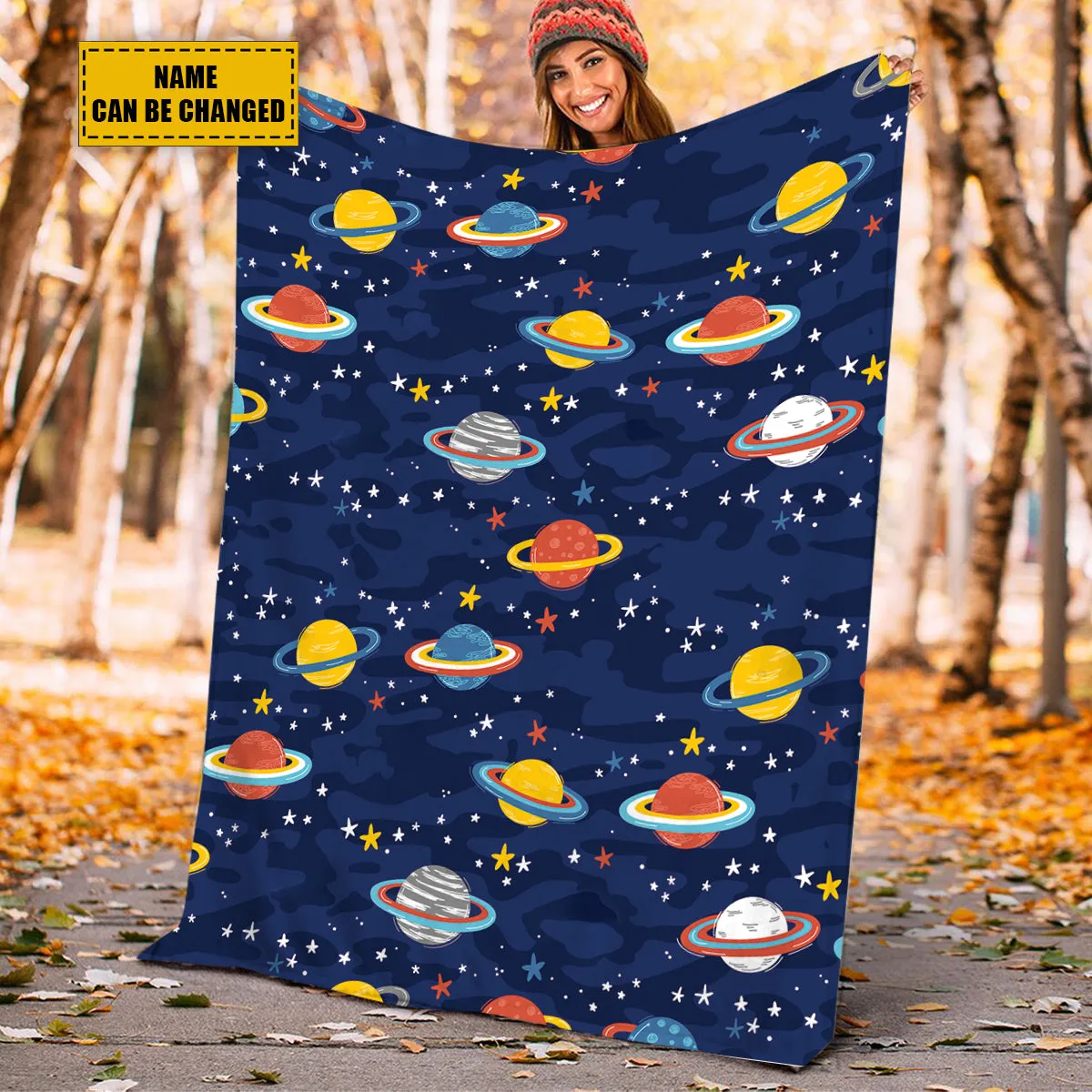 Teesdily | Custom Baby Blankets With Name Personalized Planets Blanket Kids Fleece Throw Blanket For Boys Baby Nursery Birthday Gift Bedroom Decor