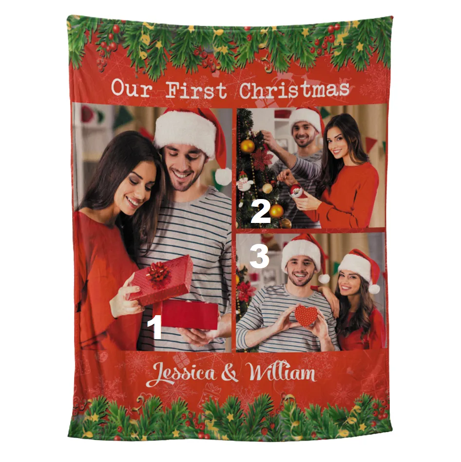 Teesdily | Customized Photo Couple Fleece Blanket Our First Christmas Sofa Blankets Christmas Custom Gift For Lover Love Anniversary Keepsake