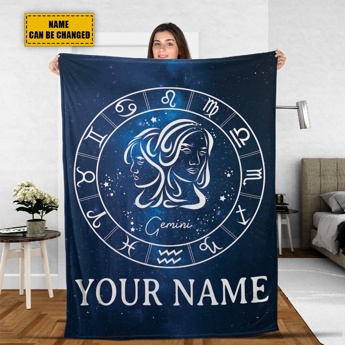 Teesdily | Gemini Personalized Fleece Blanket With Name Horoscope Design Sherpa Blanket Zodiac Sign Constellation Astrology Adult Kid Birthday Gifts