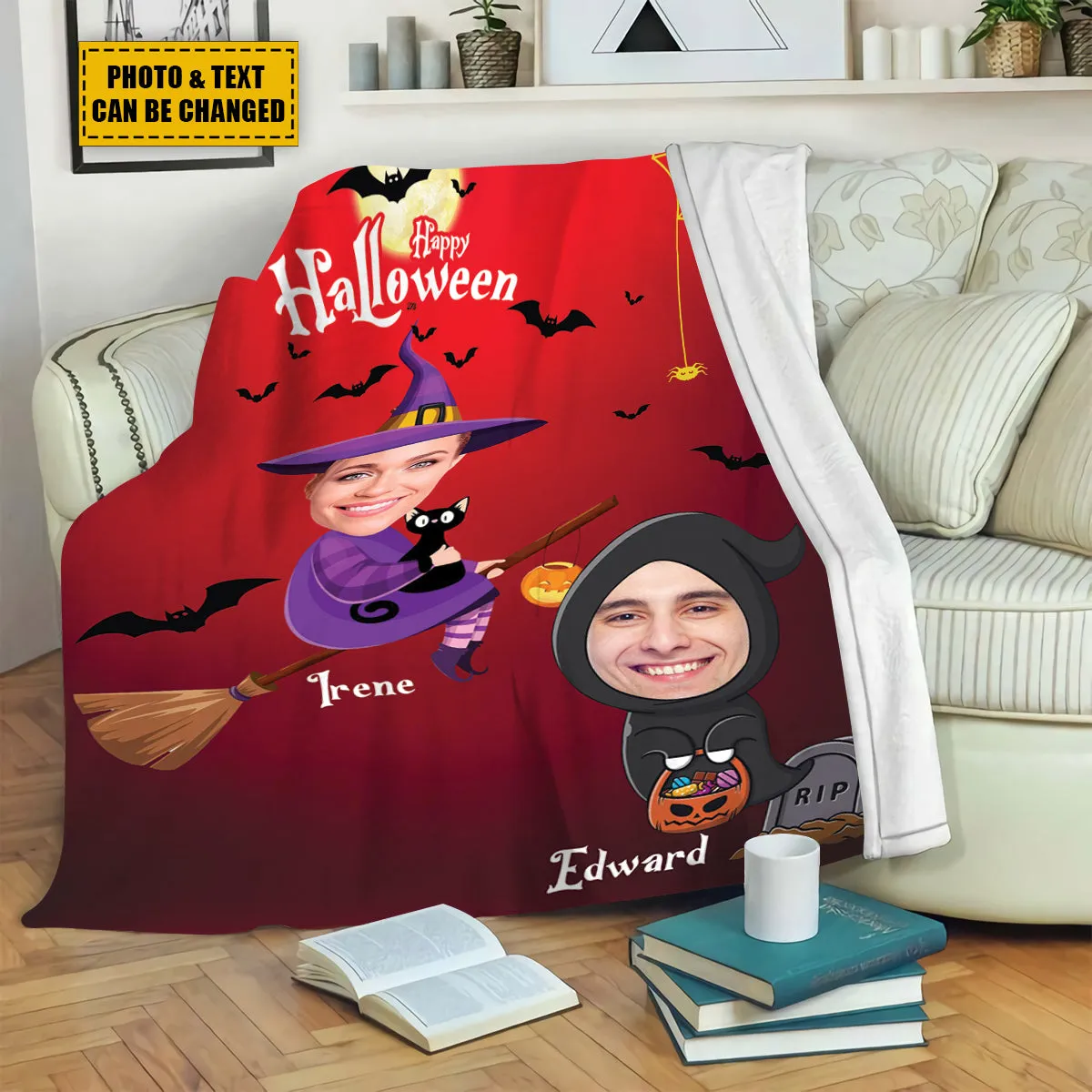 Teesdily | Halloween Custom Face Blanket Funny Witch Personalized Photo Blankets Throw With Picture Halloween Gift For Family And Friends