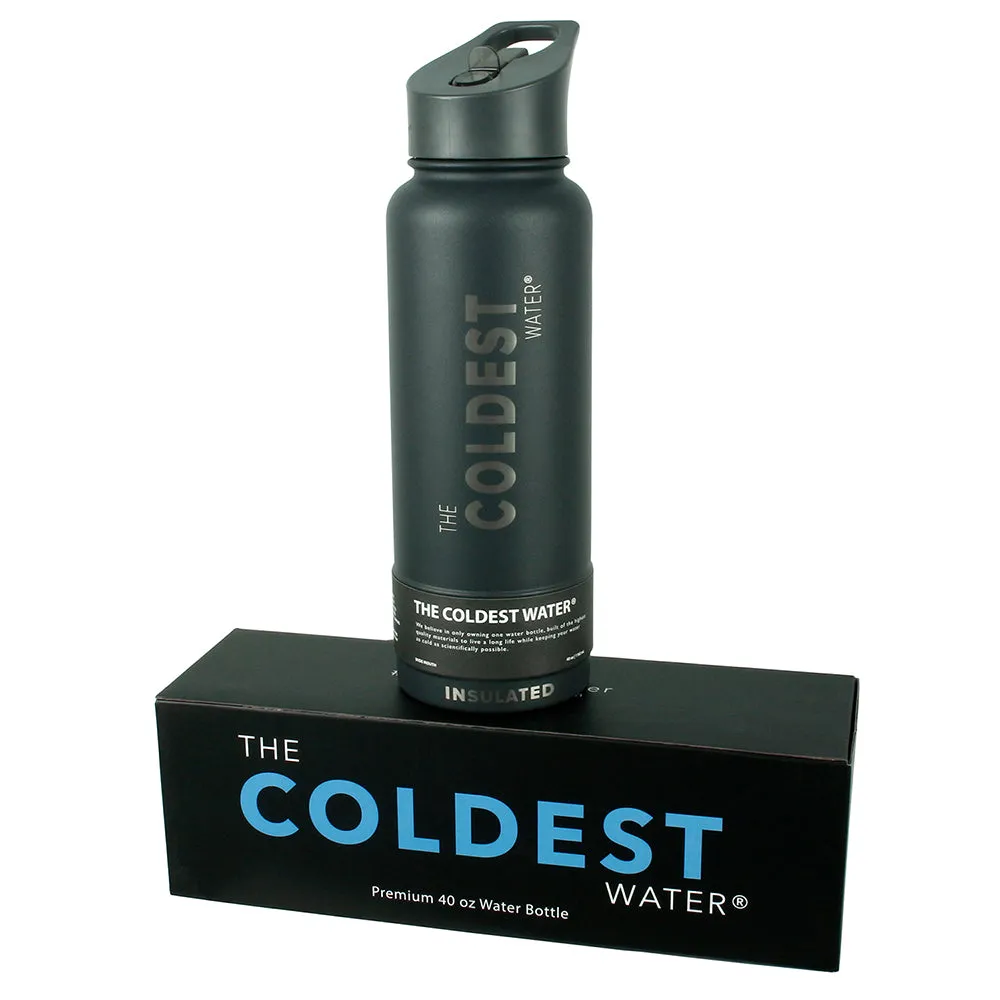 The Coldest Sports Water Bottle 40 oz Straw Lid Stainless Steel Gun Metal Gray