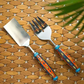 The Mughal Aakar' Hand-Painted Serving Fork & Scraper In Stainless Steel & Ceramic (Set of 2)