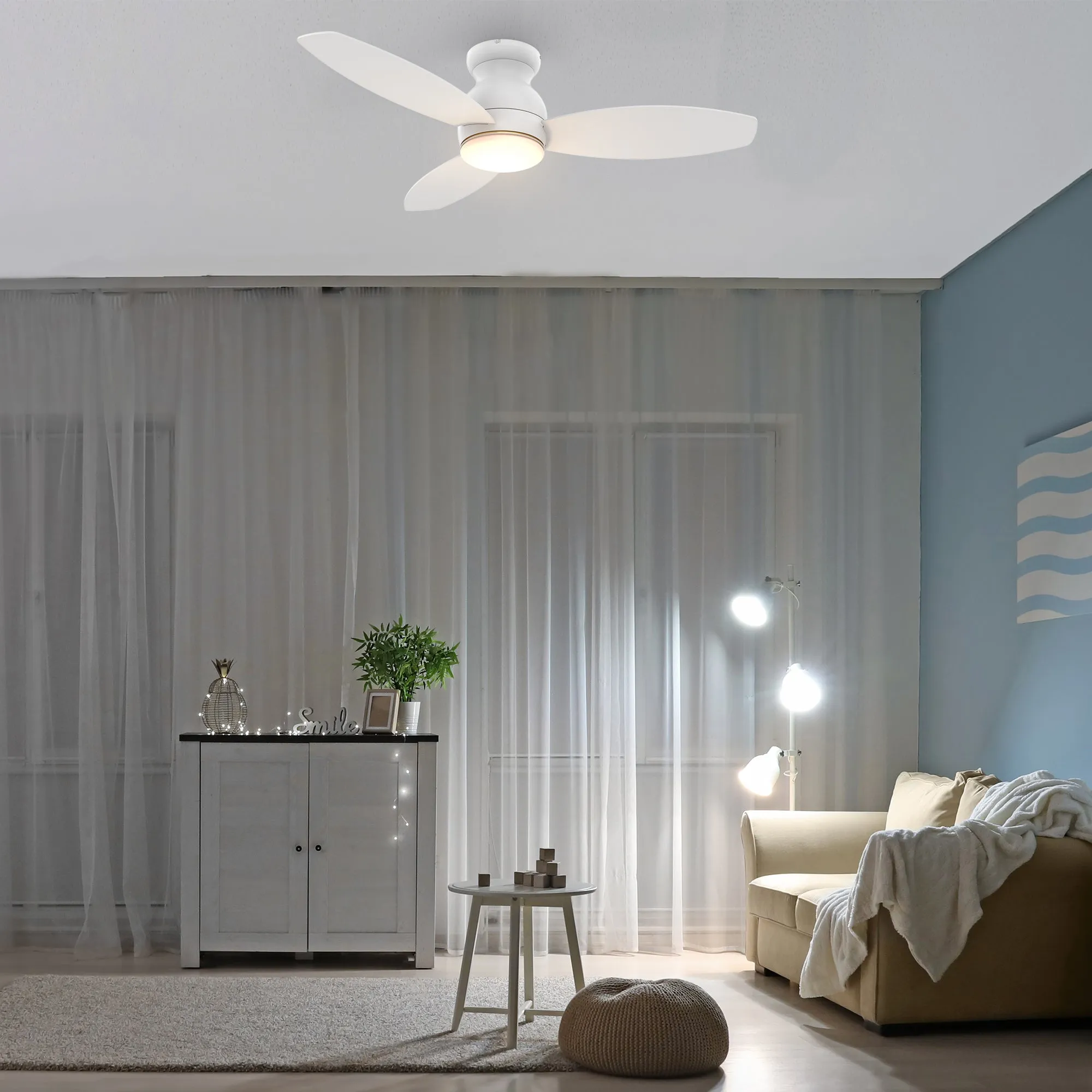 TRENTO 44 inch 3-Blade Flush Mount Smart Ceiling Fan with LED Light Kit & Remote- White/White