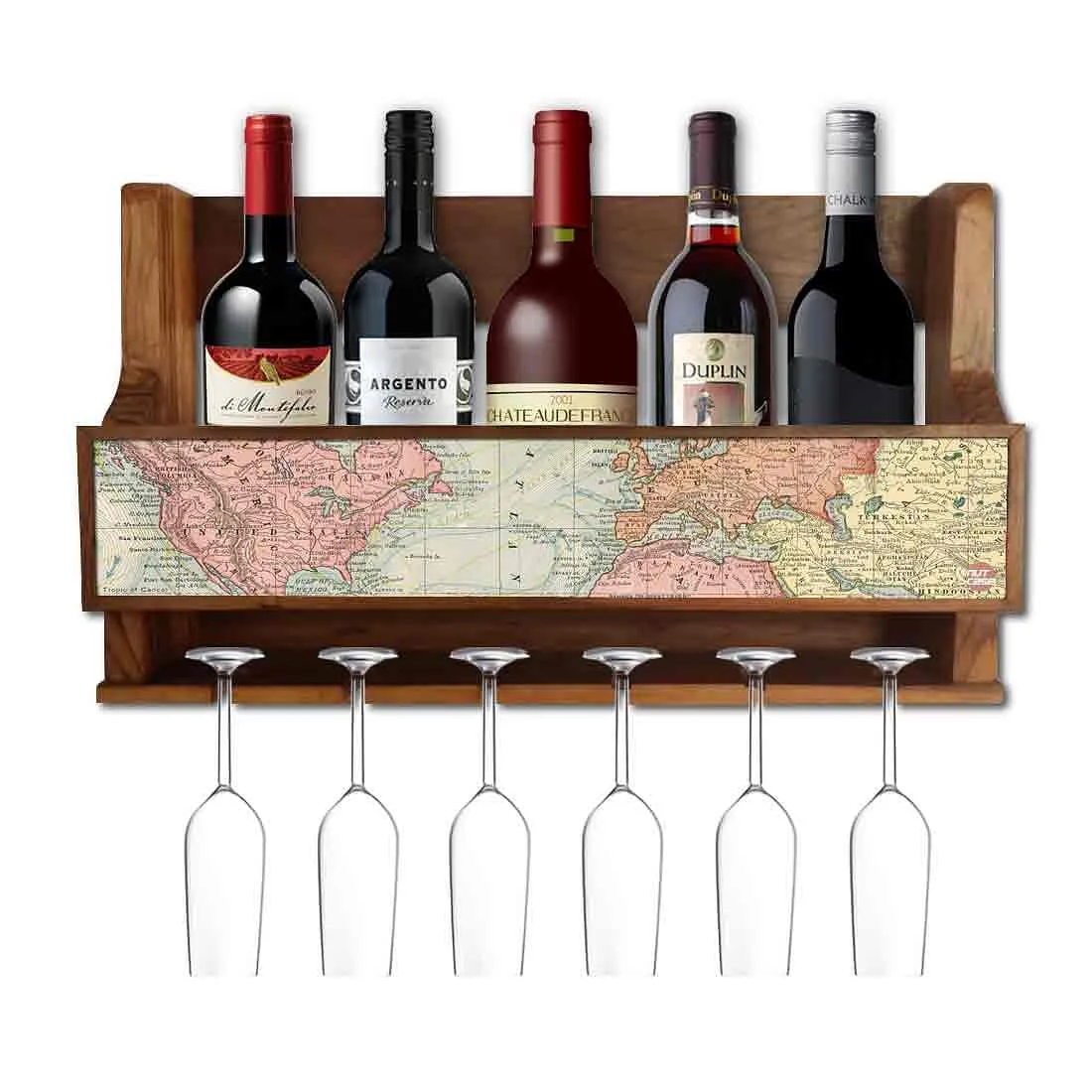 Wall Mounted Wine Glass Holder Stand Mini Bar Cabinet for 5 Bottles 6 Glasses