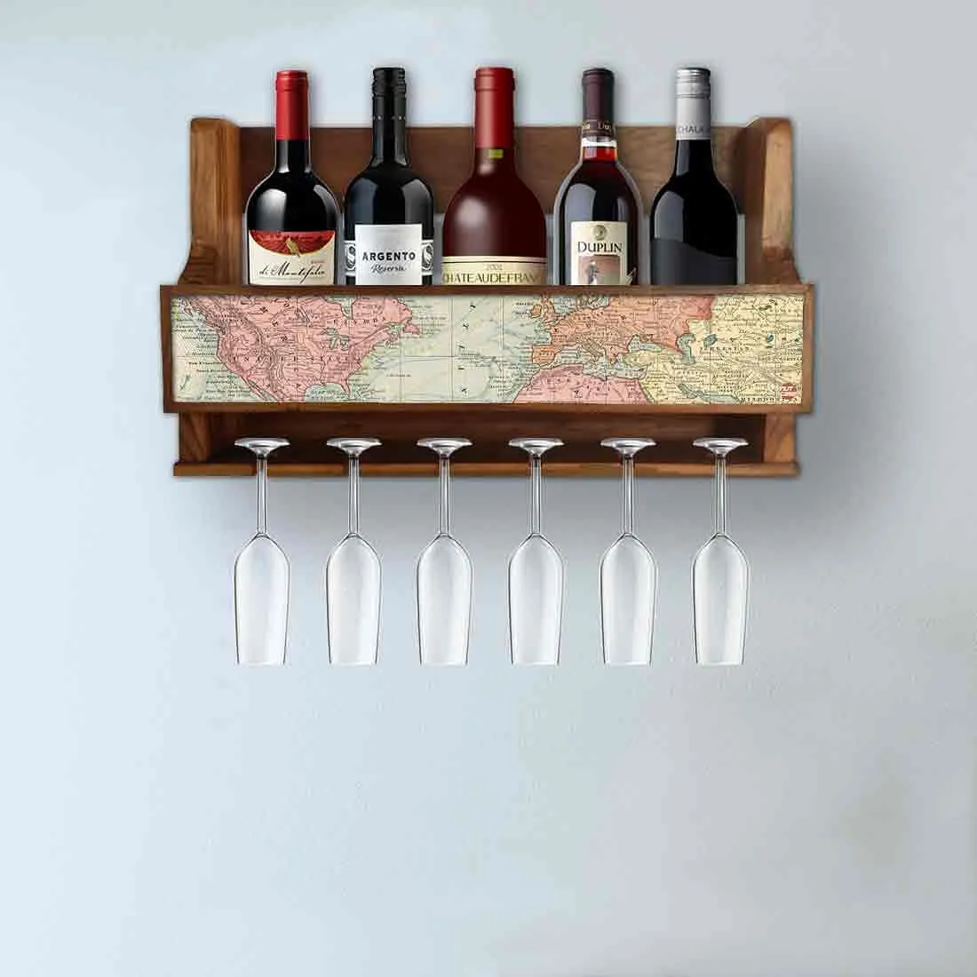 Wall Mounted Wine Glass Holder Stand Mini Bar Cabinet for 5 Bottles 6 Glasses